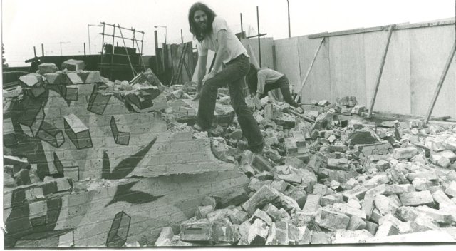 Brian Barnes following the midnight destruction of his mural, 1979